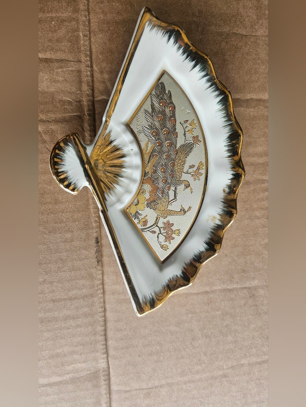 Gold Accent White Porcelain Peacock Decorative Dish